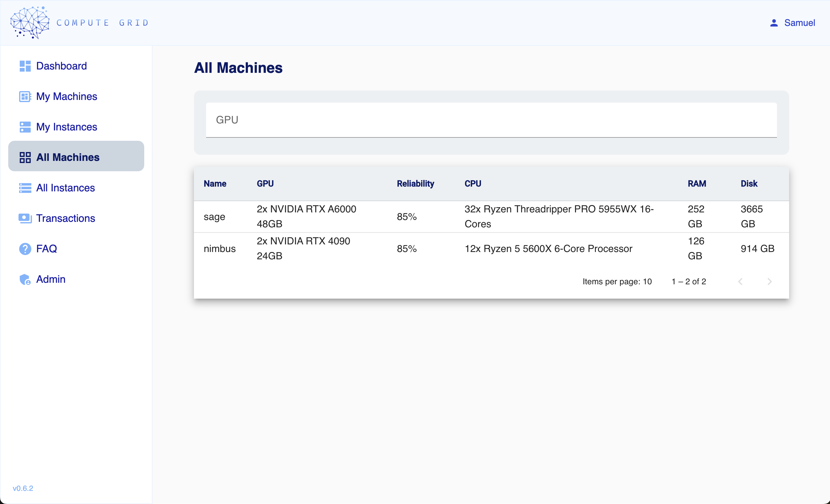 Compute Grid Machine Search Page