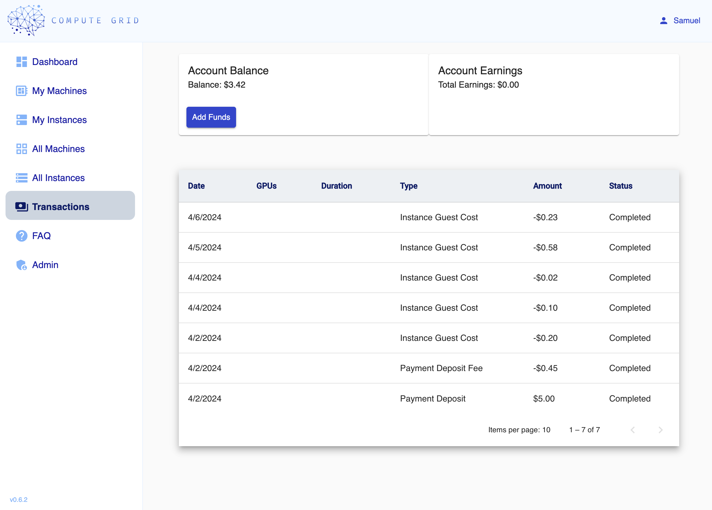 Compute Grid Transactions Page